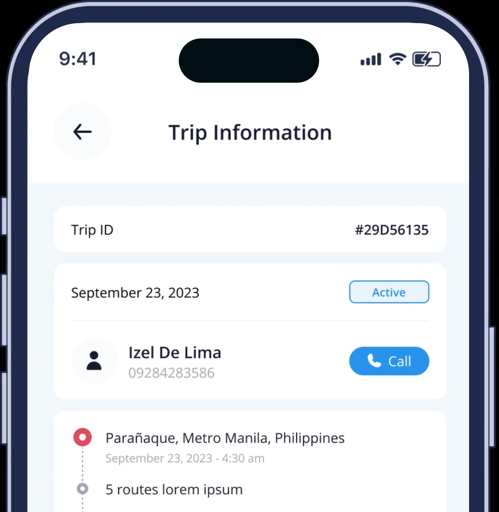 Trip details view in the app